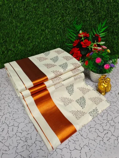 Elegant Leaf Weave Kerala Cotton Saree
